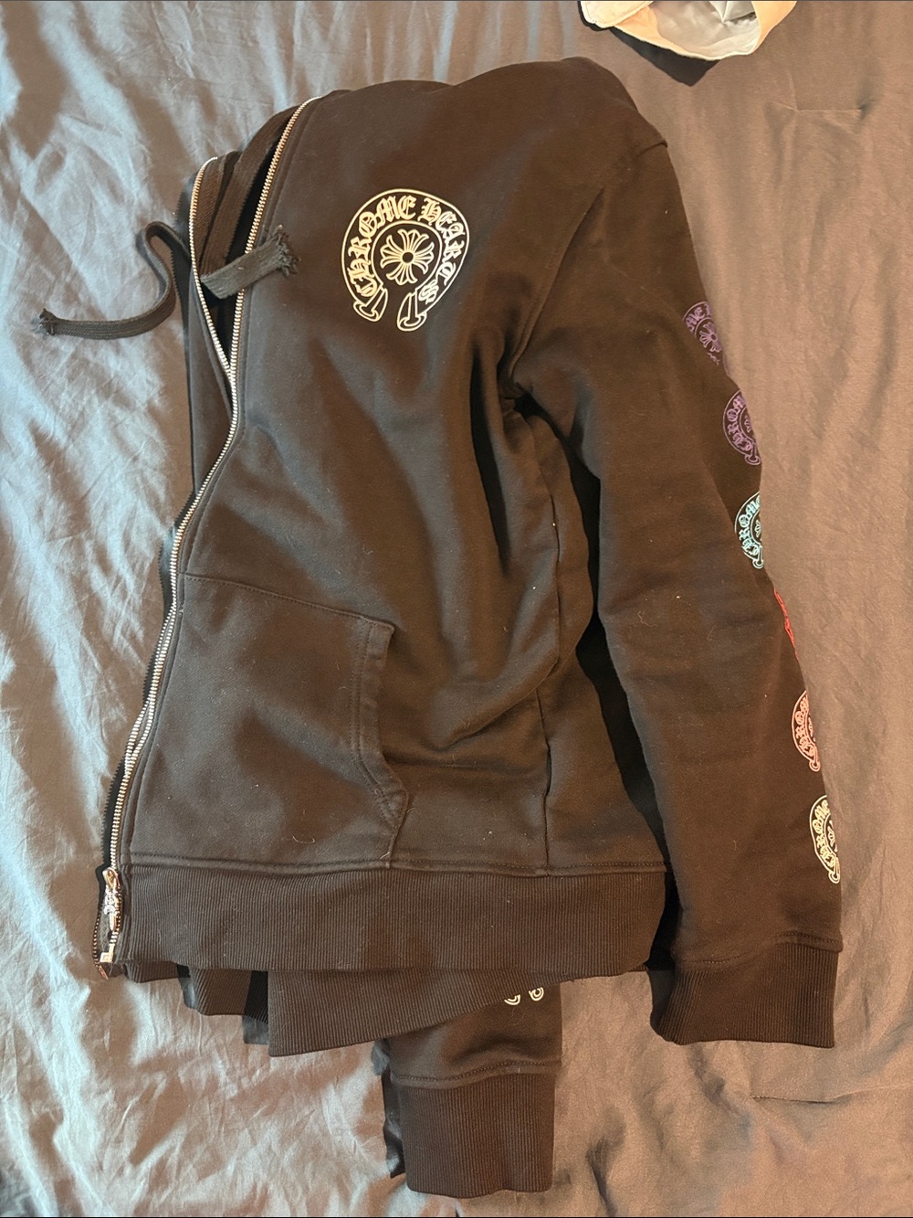 Chrome Hearts Black Zip-Up Hoodie Jacket with Multicolor Sleeve Patches